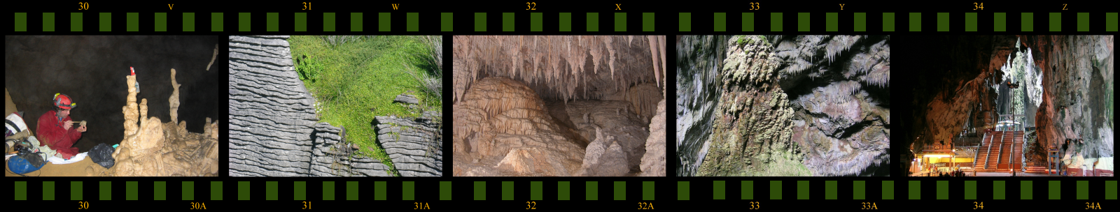 Travis in Gardner's Gut Cave, Waitomo  -  karst at Punakaiki, West Coast  -   Hollow Hill Cave, Waitomo  -  biokarst, Rawhiti Cave, Takaka  -  Batu Caves, Malaysia